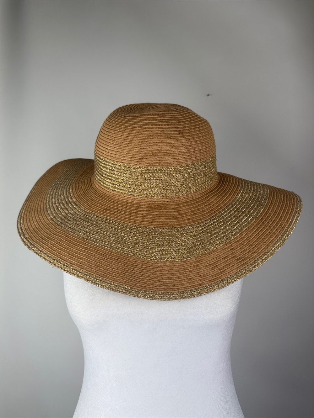 Aqua Wide Brimmed Floppy Straw Metallic Striped Sun Hat One Size